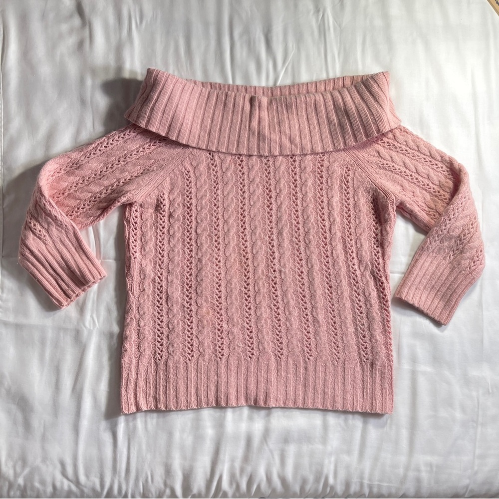 Express Bubblegum Cable Knit- Wool/ Cashmere/Angora Blend Off-Shoulder Sweater